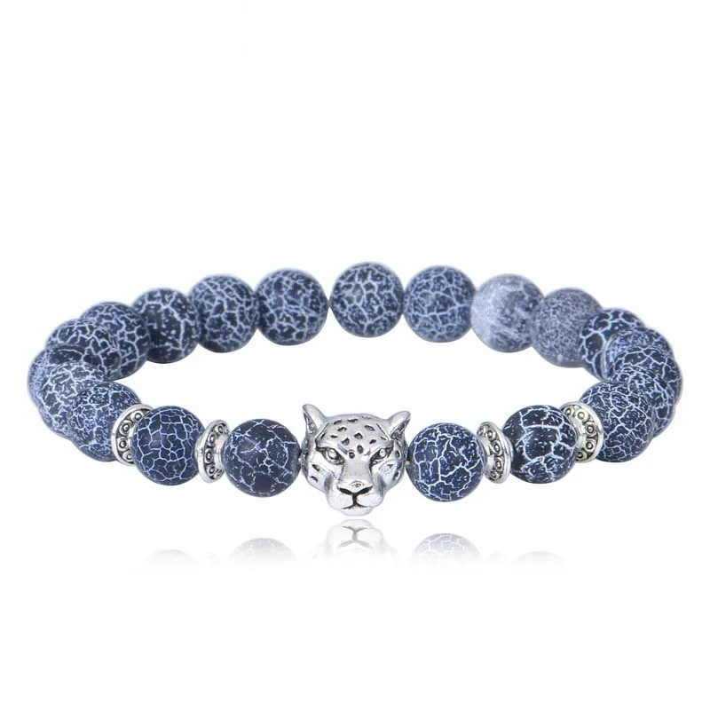 Классический браслет с головой леопарда камень из натуральной лавы бусинами