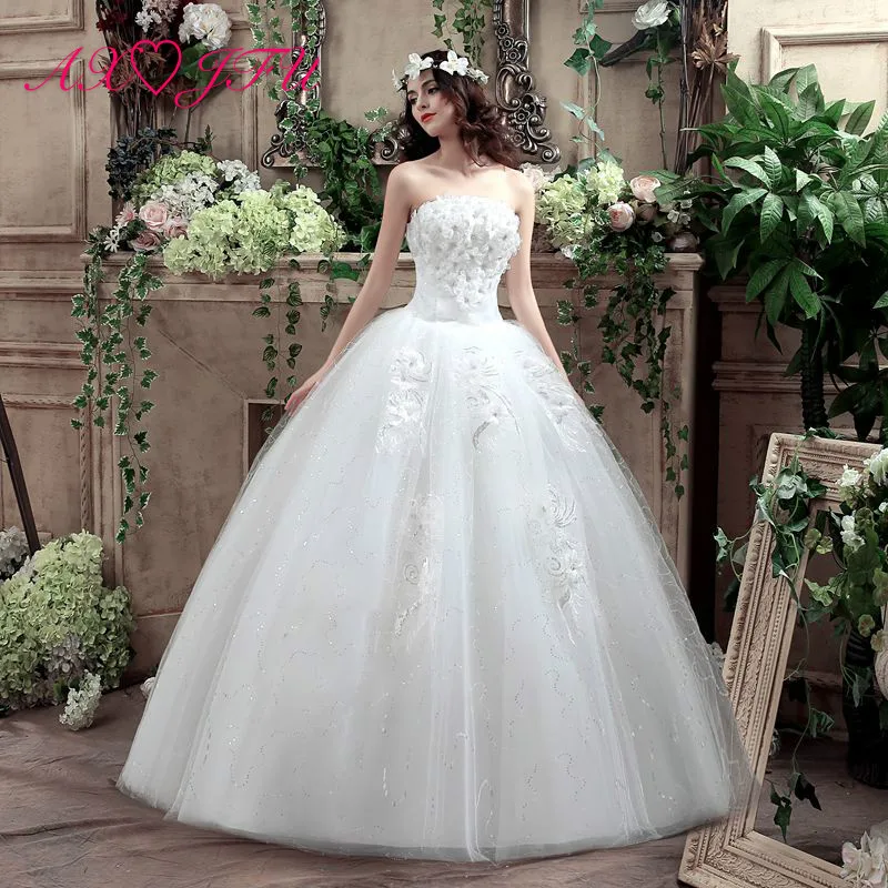 

AXJFU princess little flower pearls white wedding Dress vintage strapless sleeveless sexy party white ball gown wedding dress