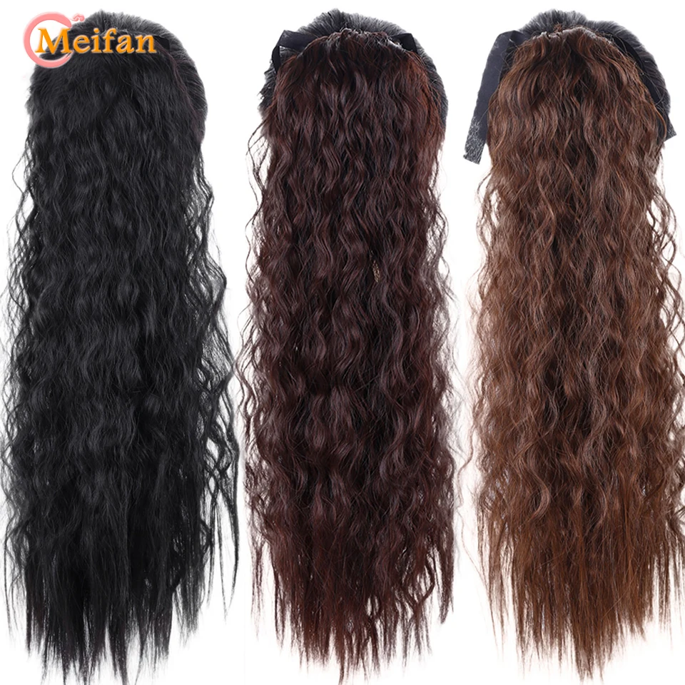 MEIFAN Long Corn Curly Ponytail Synthetic Hair Pieces Ribbon Drawstring Clip on Ponytail Hair Extensions False Hair Pieces