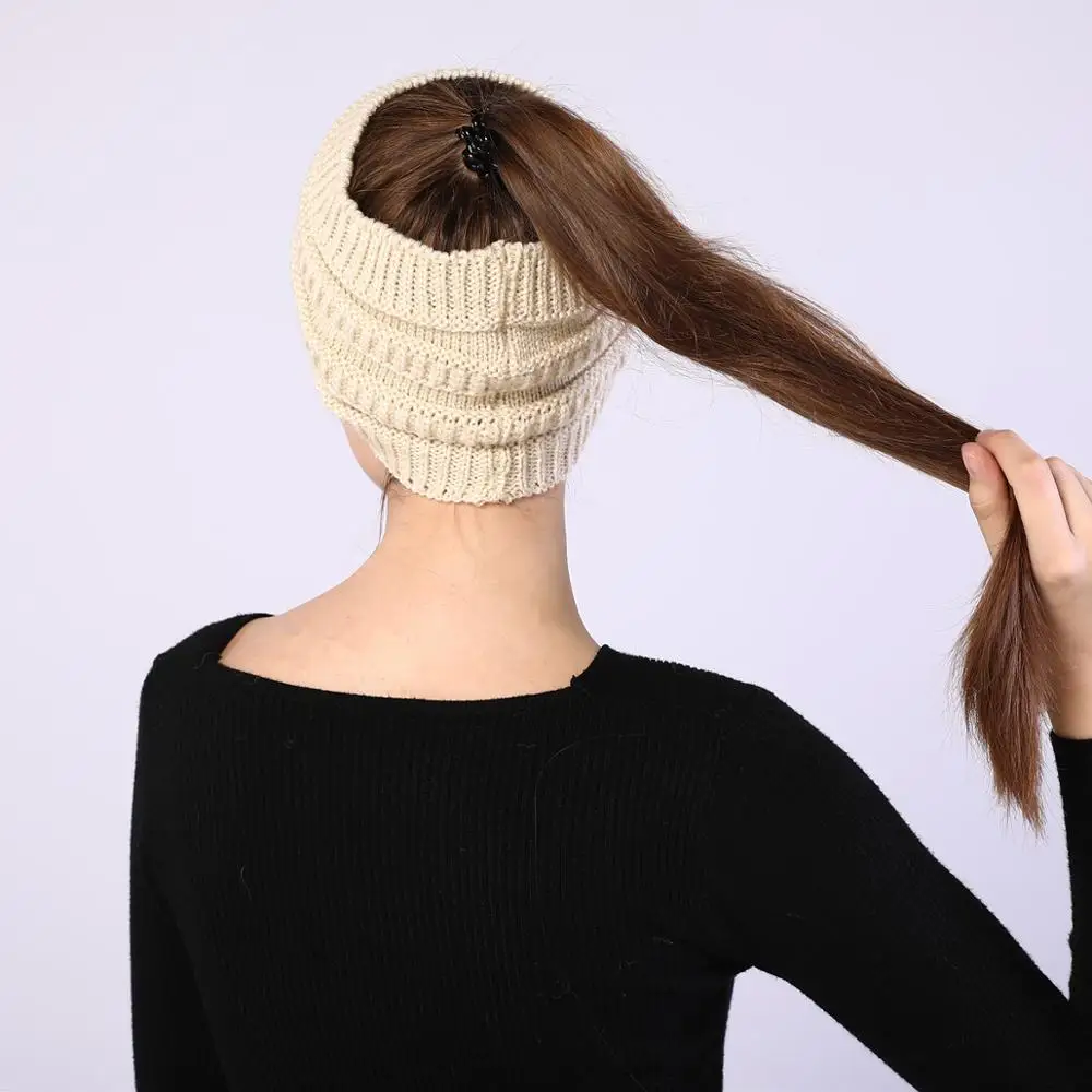 Вязаная шапка «конский хвост», женская зимняя теплая широкая повязка на голову, головной убор, шапка для осени и зимы, Свободный Топ, шапка для взрослых