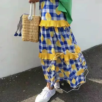 

2020 Summer New Mesh Womens Korea Lemon Vintage Ruffles Lace Patchwork Girl Female Womens Skirt Cotton Linen E061