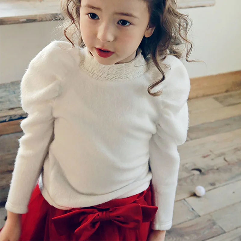 

Детские свитера для девочек с кружевным воротником, плюшевый вязаный свитер для девочек, милые рубашки с высоким воротником, детская зимняя одежда для маленьких девочек