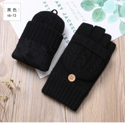 vb13 black Зимние перчатки женские вязаные рукавицы теплые перчатки без пальцев шерсть плюс бархат утолщение теплые открытые перчатки зимние женские перчатки - Цвет: vb13 black