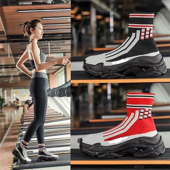 

Sock shoes women 2019 autumn and winter new British style striped thick bottom sports breathable stretch socks boots tide