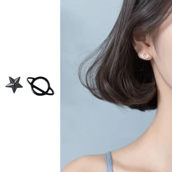 

Mocanie New 925 Sterling Silver Black Enamel Cute Star Sun Asymmetry Stud Earrring for Women Korea Style Ear Pin Fine Jewelry