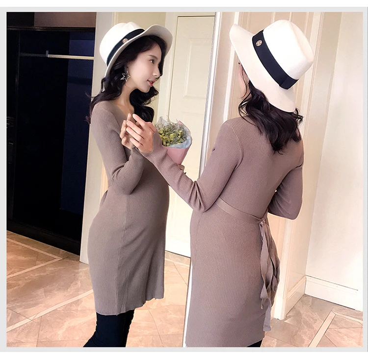 New maternity dress autumn and winter long base pregnant women sweater knit pregnant dress Korean fashion maternity dress
