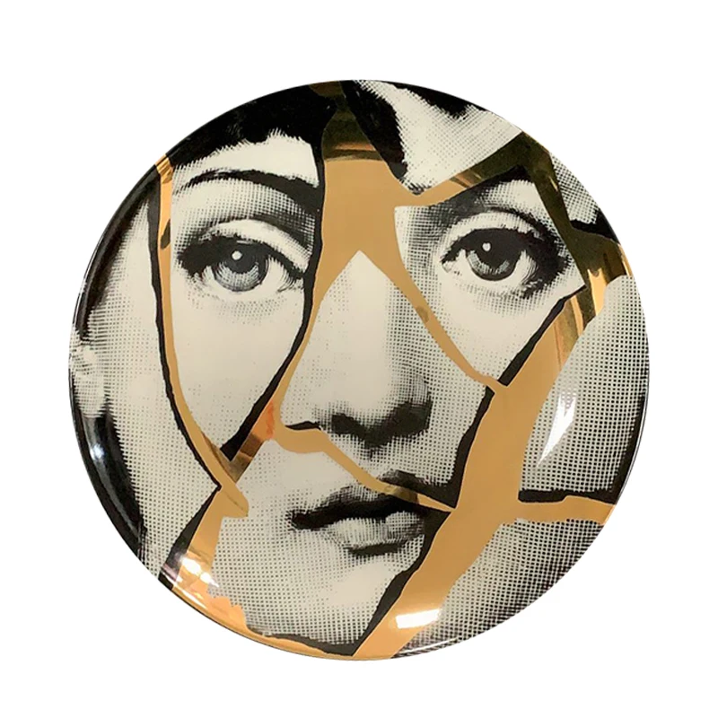 Ceramic Gold Lady Face Decorative Plates for Wall Round Variety Facail Portrait Dish for Desk Decor Broken Face Milan Style Tray