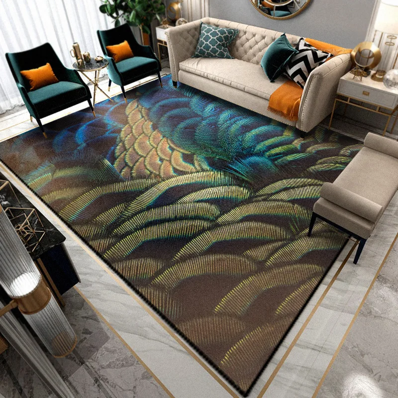 Gold velvet printed carpet Thickened non-slip animal feather peacock pad rectangular living room bedroom decorative rug