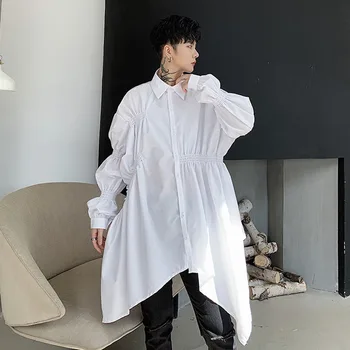 

Male Women Japan Streetstyle Fashion Loose Couple White Black Shirts Men Asymmetric Design Long Sleeve Casual Shirt