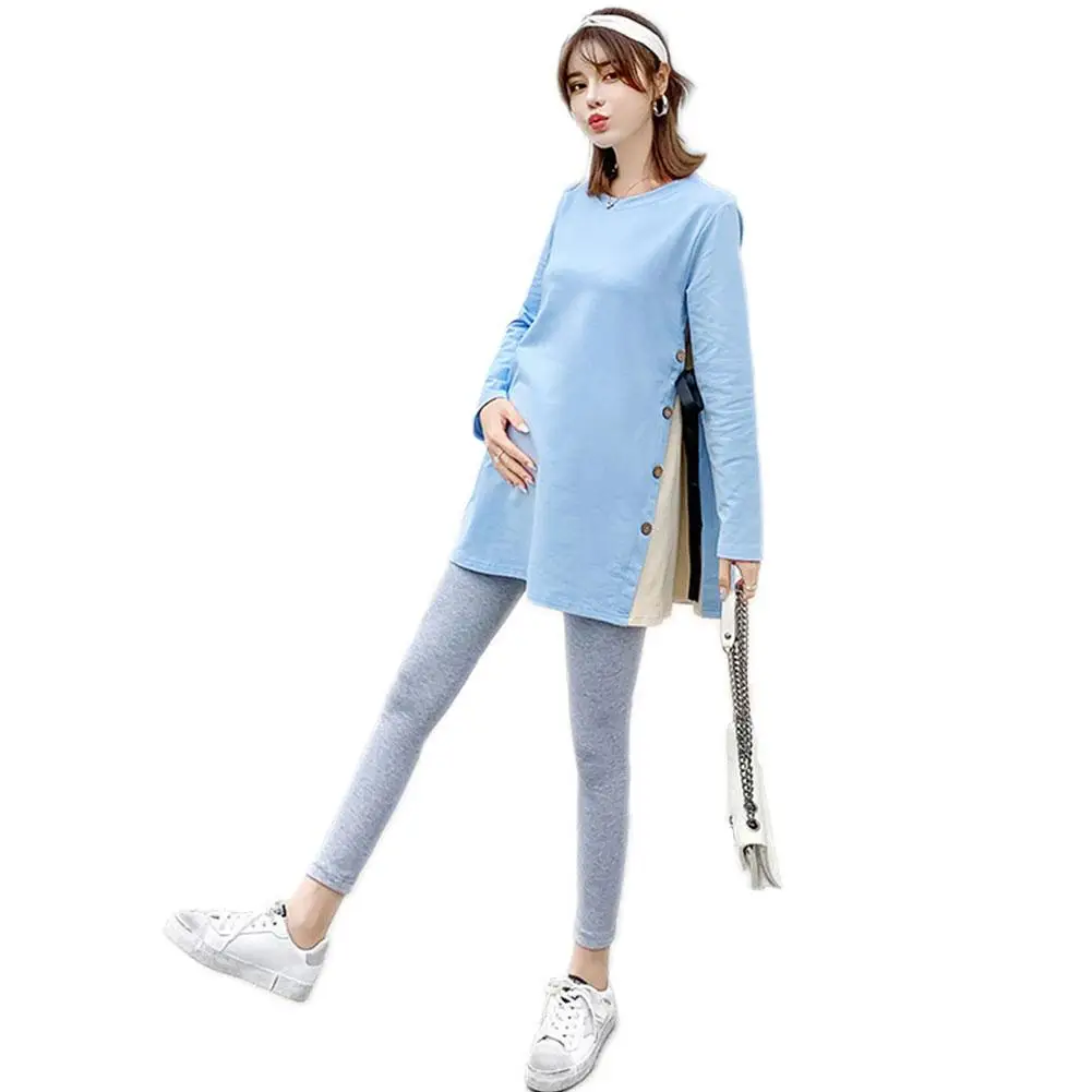 Light blue Kuulee 2 шт беременных женщин Материнство с длинным рукавом Топ регулируемые брюки повседневные Леггинсы хлопковые брюки - Цвет: Light blue