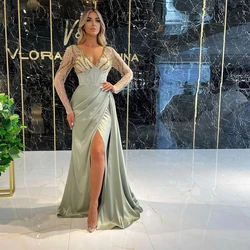 Cap Sleeve High Slit Evening Dresses Beading Strapless Pleat High Quality Satin Fulle Sleeve Formal Party 2022 Vestido De Noiva