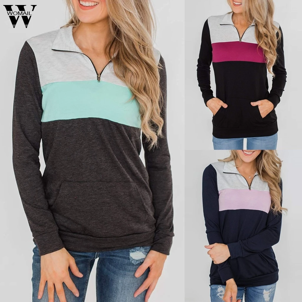

Womail Sweatshirts New Women Casual Solid Patchwork Pocket Autumn Zip Color Block Long Sleeve Tunic Sweatshirt Sudadera S-XXL