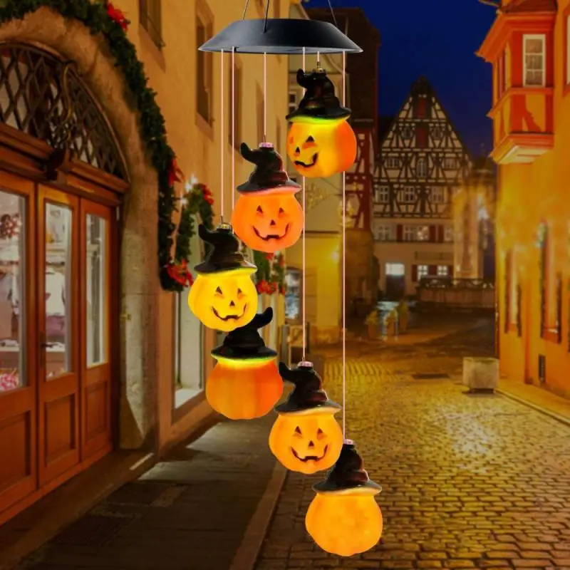 LED Solar Wind Chime Light Halloween Spiral Pumpkin Garden Lamp for Yard 