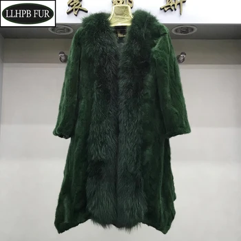 

New Lady Genuine Mink Fur Long Style Coats Women Winter Warm Real Mink Fur Overcoats Luxury Handmade Big Fox Fur Collar Jackets
