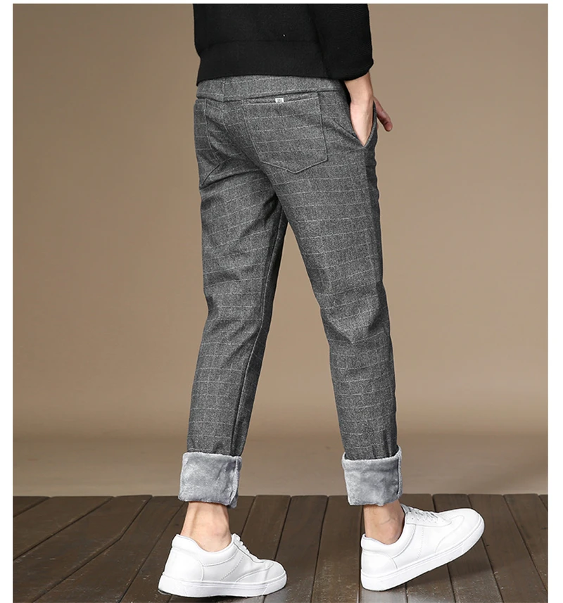Mens Winter Slim Straight Velvet Pant Men New Fashion Men Casual Thick Fleece Pants Male Business Trousers Plaid Warm Pants,638