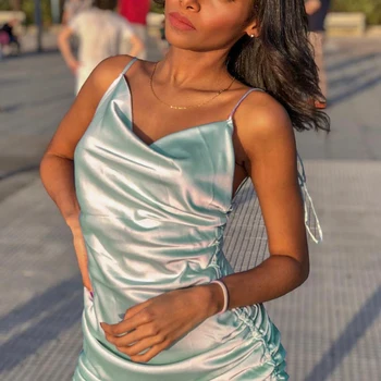 

Bikitique Satin Solid Suspender Dress Wrap Chest Pleated Drawstring Tight Wrap Hip Sexy Party Dress Women Date Nightclub Dress