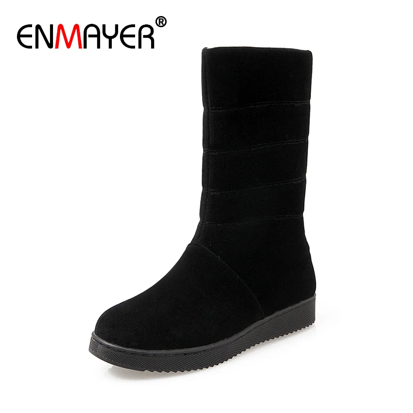 

ENMAYER Flat with Round Toe Slip-On Snow Boots Cow Suede Solid Velvet Mid-Calf Boots Sewing Black Boots Thick Heel Woman Shoes