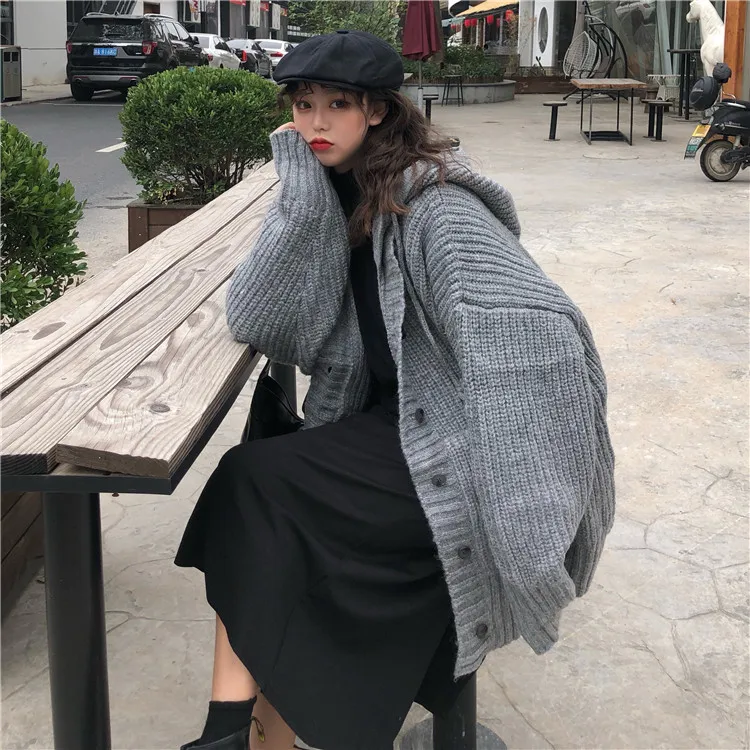 Свитер пальто женский Свободный Длинный однотонный вязаный кардиган с капюшоном на осень и зиму размера плюс женский свитер s