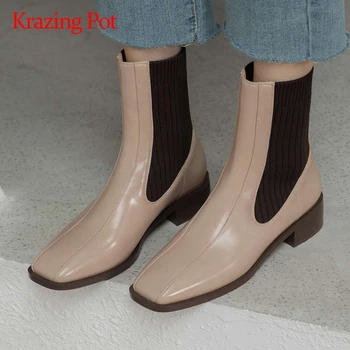

Krazing pot 2020 winter new split leather square toe med heel Chelsea boots Korean street pretty girls dating ankle boots L46