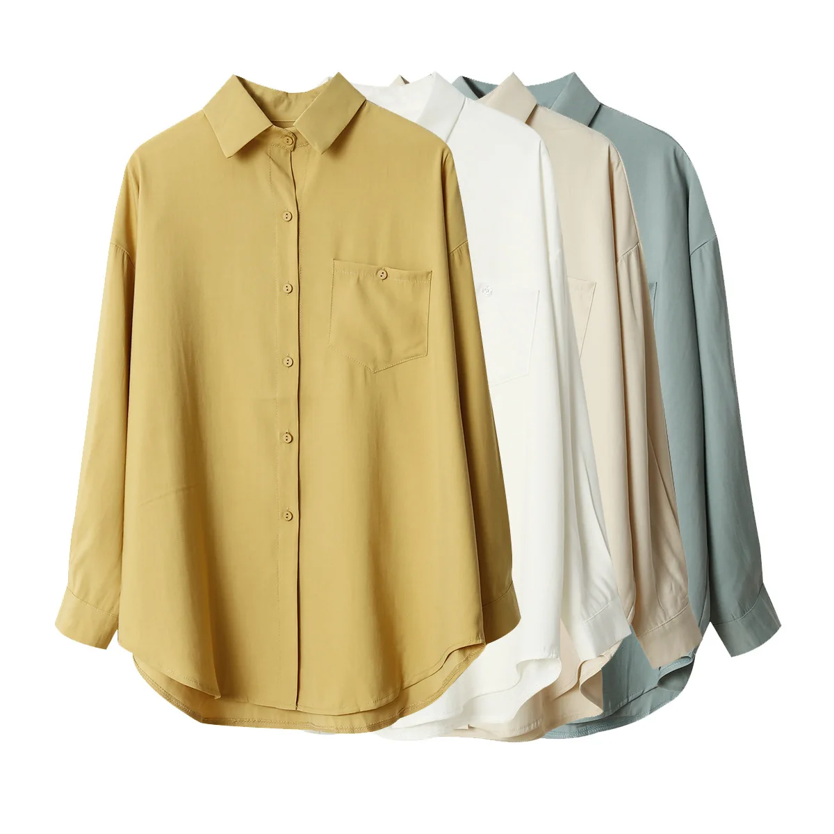 2020 Spring Korean-style Loose Blouse Women's Simple Single Pocket Long Sleeve Solid Shirt Wear Tops In Stock | Женская одежда