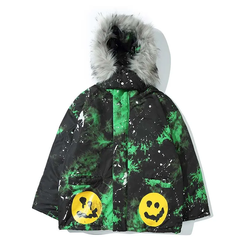 UNCLEDONJM парка со смайликом, окрашенная подкладка, съемный мех, с капюшоном, пальто, Зимняя мода, толстая теплая парка, куртки RF-0910 - Цвет: Зеленый