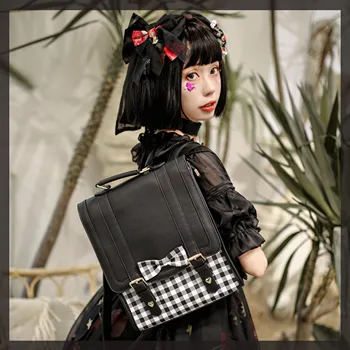 

Retro Preppy Style Lattice Bowknot small Square Bag Backpack Lolita Girl Cosplay JK Uniform Students Shoulder Bag Handbags