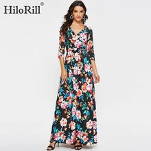 Длинное платье с цветочным принтом, женское осеннее богемное Платье макси с v-образным вырезом, повседневное винтажное Бандажное платье с рукавом три четверти