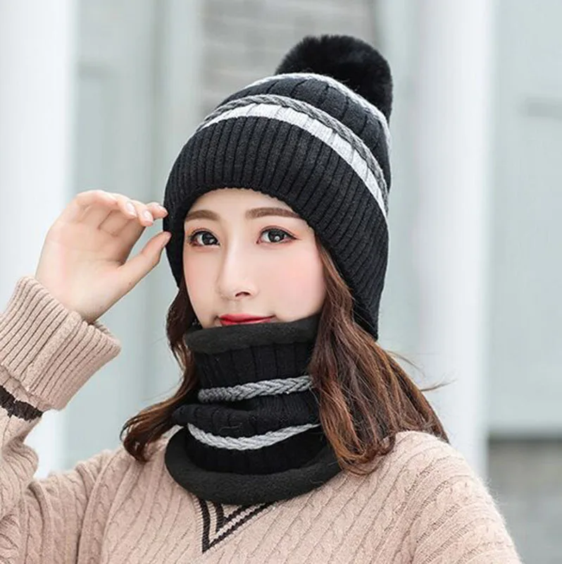 Высококачественная зимняя вязаная шапочка Skullies Beanies шапки женские теплые Толстая шляпа женская вязаная Круглая Шапочка наборы для езды на велосипеде