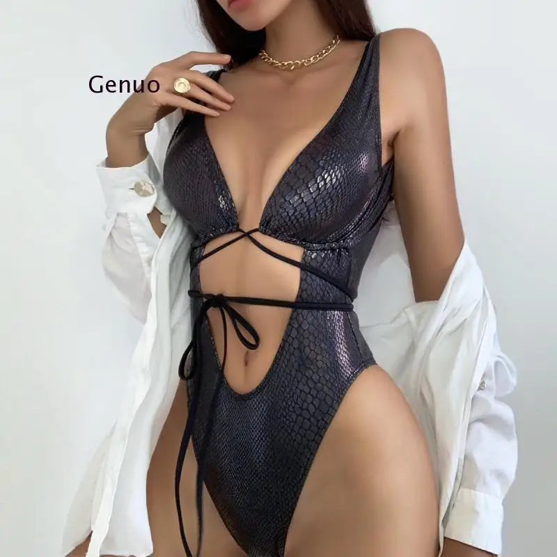 

Bandage Snakeskin Monokini Hollow Out One Piece Swimsuit Women Bandeau Bathing Suit Backless Bodysuit Largesize Swim Suit