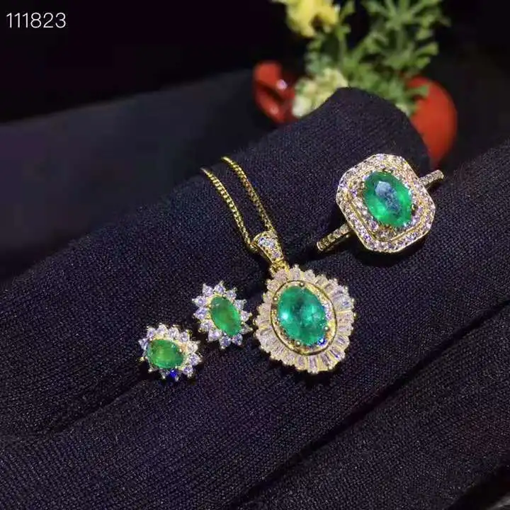 925 Silver Jewelry set Natural emerald Pendant Earring Ring sets Women | Украшения и аксессуары