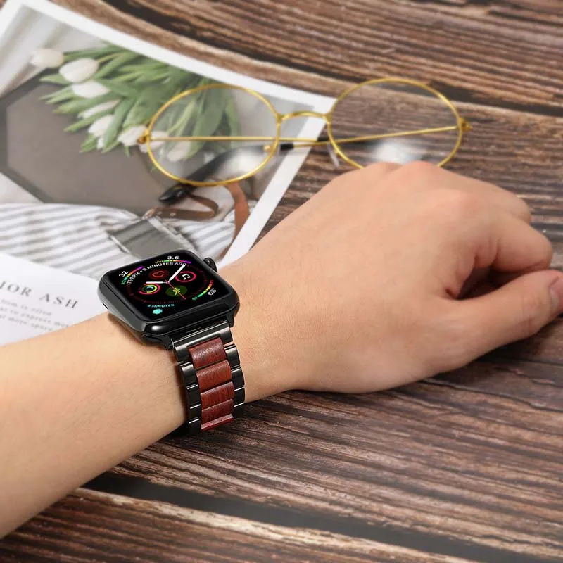 Ремешок из нержавеющей стали и натурального дерева для часов iWatch Apple Watch Series 5 4 3 2 44 мм 40 мм 42 мм 38 мм для мужчин и женщин ремешок на запястье