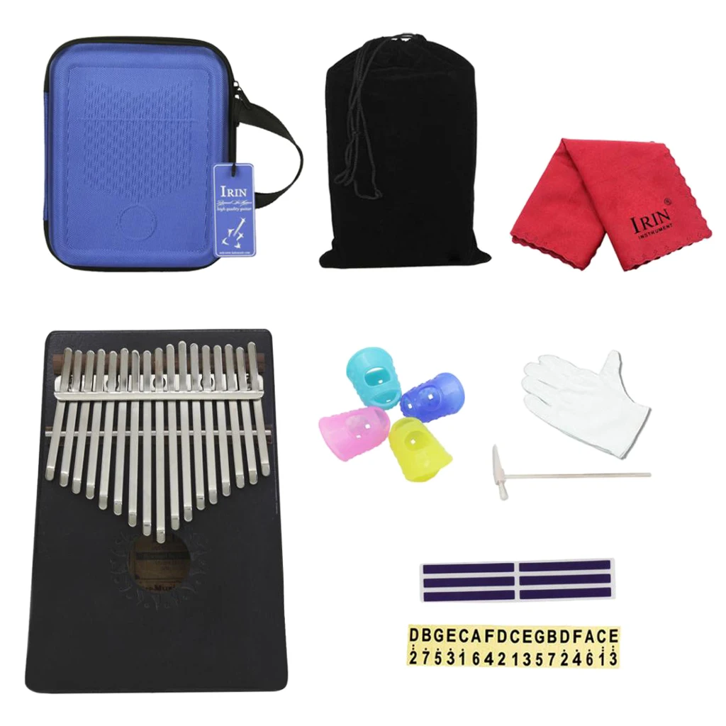 

1 Set 17 Keys Kalimba Mbira Thumb Piano Lamellaphone Idiophone with Blue Shakeproof Case Tuning Hammer Note Sticker