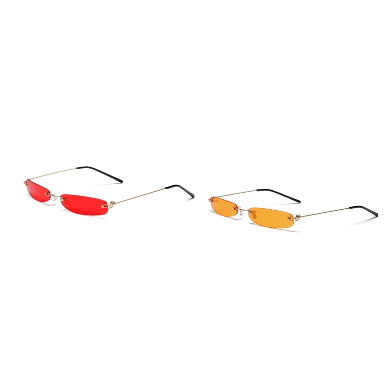 

2 PCS Rimless Rectangle Sunglasses Men Women 90S Designer Tiny Narrow Frameless Tint Sun Glasses Shades-Golden , Frame Orange Sl