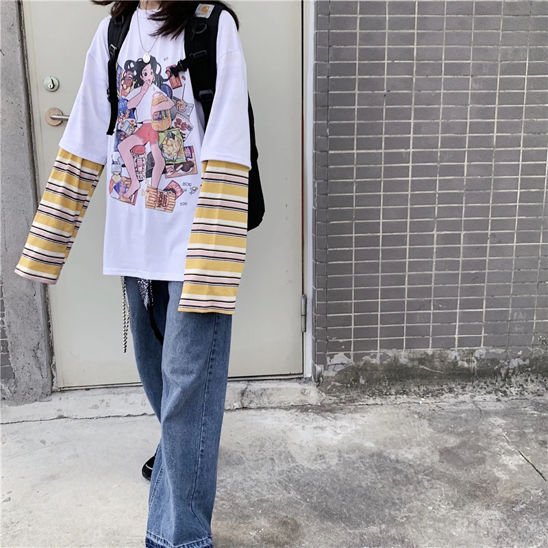 Корейская женская Винтажная футболка с забавным мультяшным принтом ins Harajuku с длинными рукавами, модная свободная повседневная женская футболка с круглым вырезом