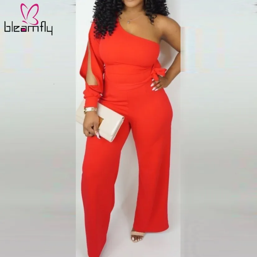 

One Shoulder Long Split Sleeve Jumpsuit Elegant Party Club Overalls Red Wide Leg Playsuit With Sashes Summer One Piece Rompers