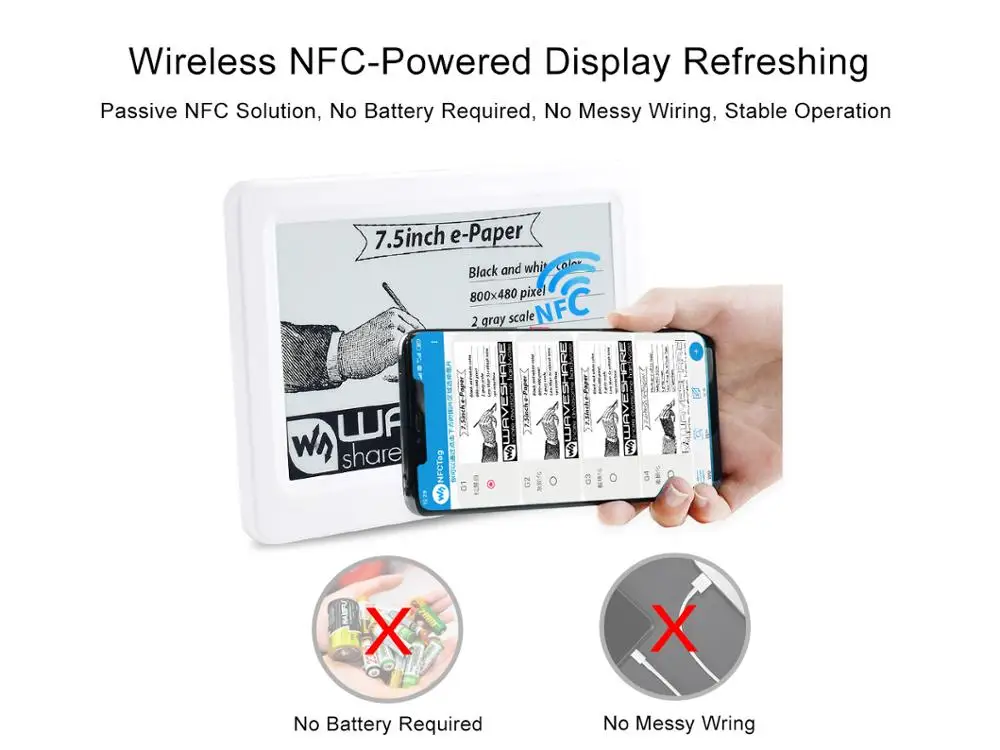 7 5 дюймовая пассивная электронная бумага Waveshare с NFC без аккумулятора беспроводное