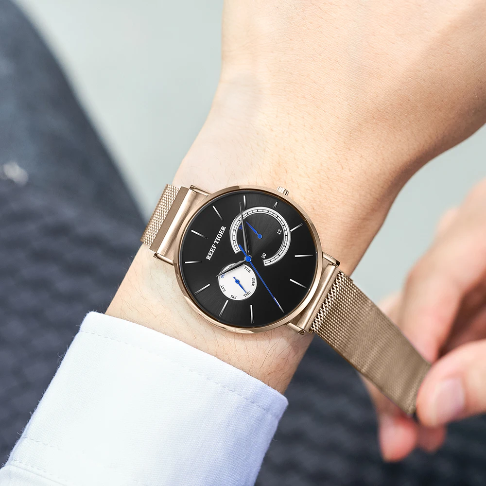 

2019 Reef Tiger/RT Men Luxury Watch Rose Gold Quartz Black Dial Luxury Steel Waterproof Watches Men Relogio Masculono RGA1664