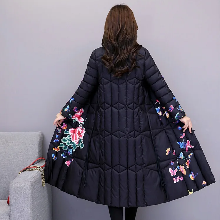 UHYTGF parkas mujer, Национальный стиль, пуховик, теплое зимнее пальто для женщин, модное, Ретро стиль, с принтом, длинное пальто, 4XL размера плюс, tops1046