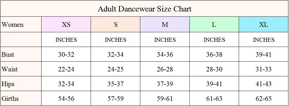 Adult leotard size chart