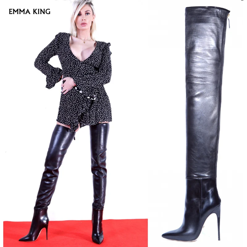 Черный New SEXY Thigh High Boots Pointed Over the Knee Boots Fashion High Heel Boots Women Leather Boots Women Free Shipping - Цвет: Черный