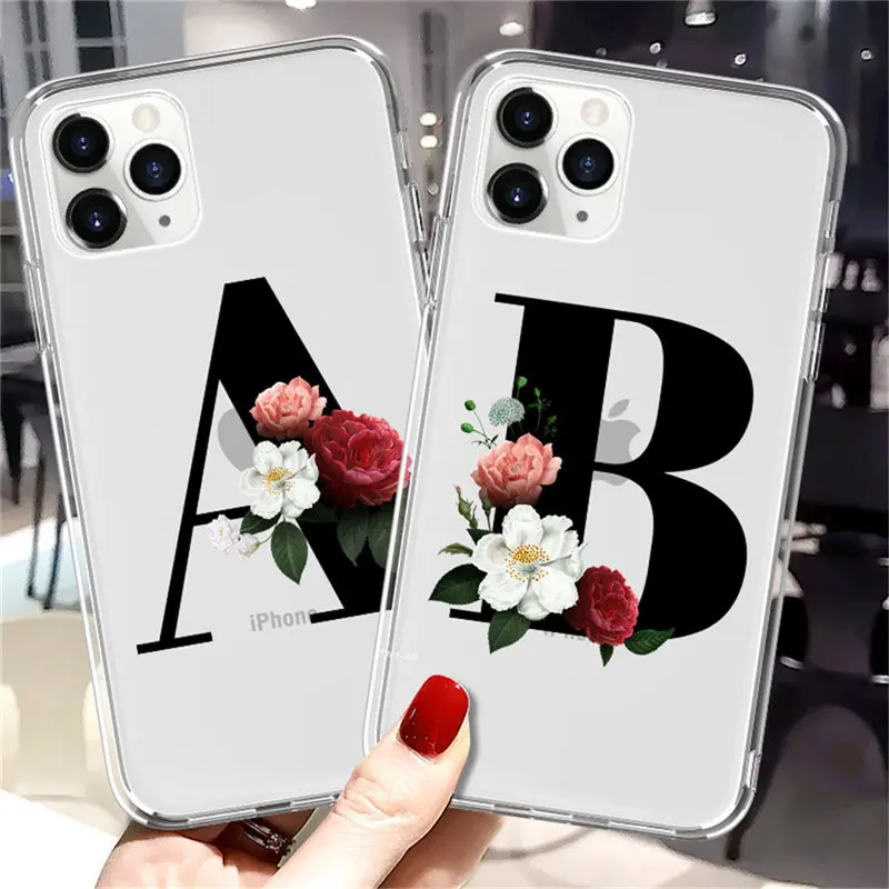 

Ottwn Fashion Customized Initial Letter Clear Phone Case For iPhone 11 Pro X XR XS Max 8 7 6 6s Plus Floral Leaves Soft TPU Back