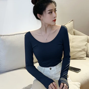 

NEW Bottoming blouse women's inside with spring and summer tight pure cotton large round neck low collar top 2020 foreign trend