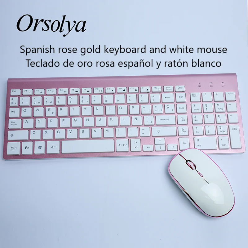 Pink Spanish 2,4G Беспроводная клавиатура и мышь Combo Orsolya Compact полноразмерная клавиатура и 2400 точек/дюйм оптическая мышь с низким уровнем шума, испанский, немецкий, итальянский, японский, французский, розовый и белый - Цвет: Pink Spanish