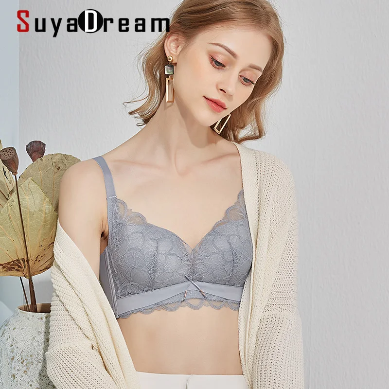 SuyaDream Women 3/4 Cups Lace Bras 100%Silk Lining Wire Free