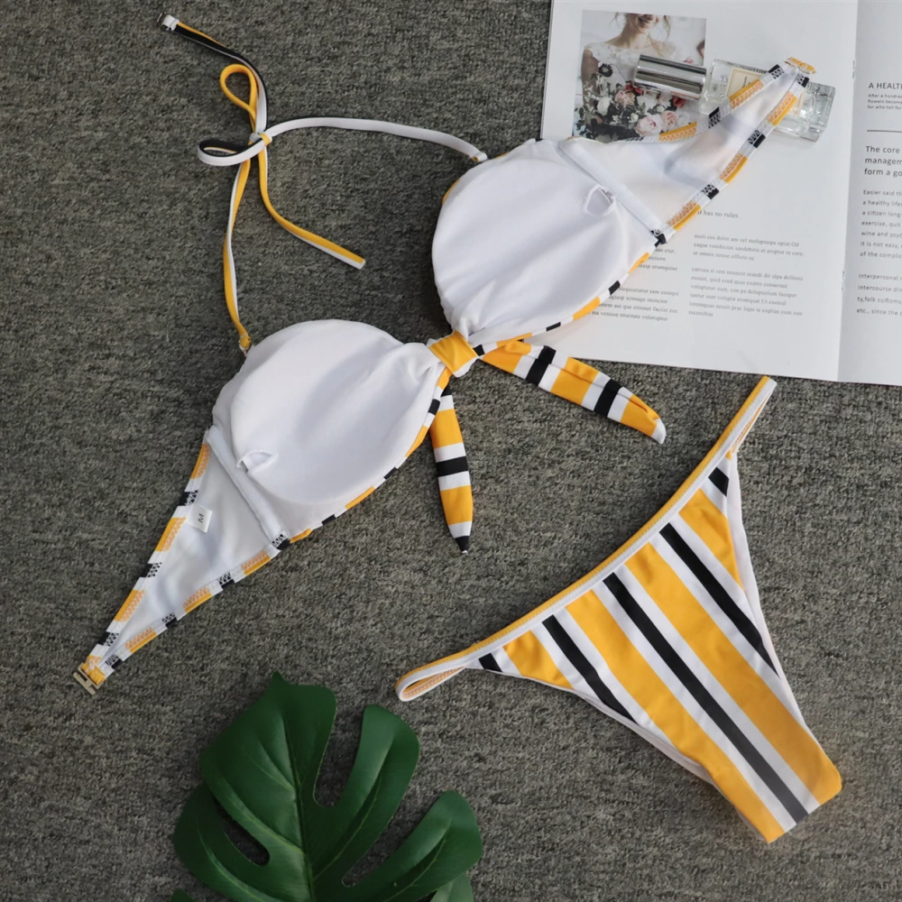 Tie_Front_Knot_Brazilian_Bikini_2019_Sexy_Push_Up_Cute_Padded_Yellow_Swimsuit_Striped_Crop_Top (3)