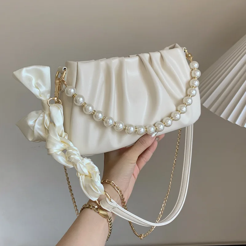 

Винтажная маленькая сумка на плечо для женщин, плиссированная облачная Сумочка с жемчужной цепочкой, дамская сумочка для подмышек, Женский саквояж через плечо