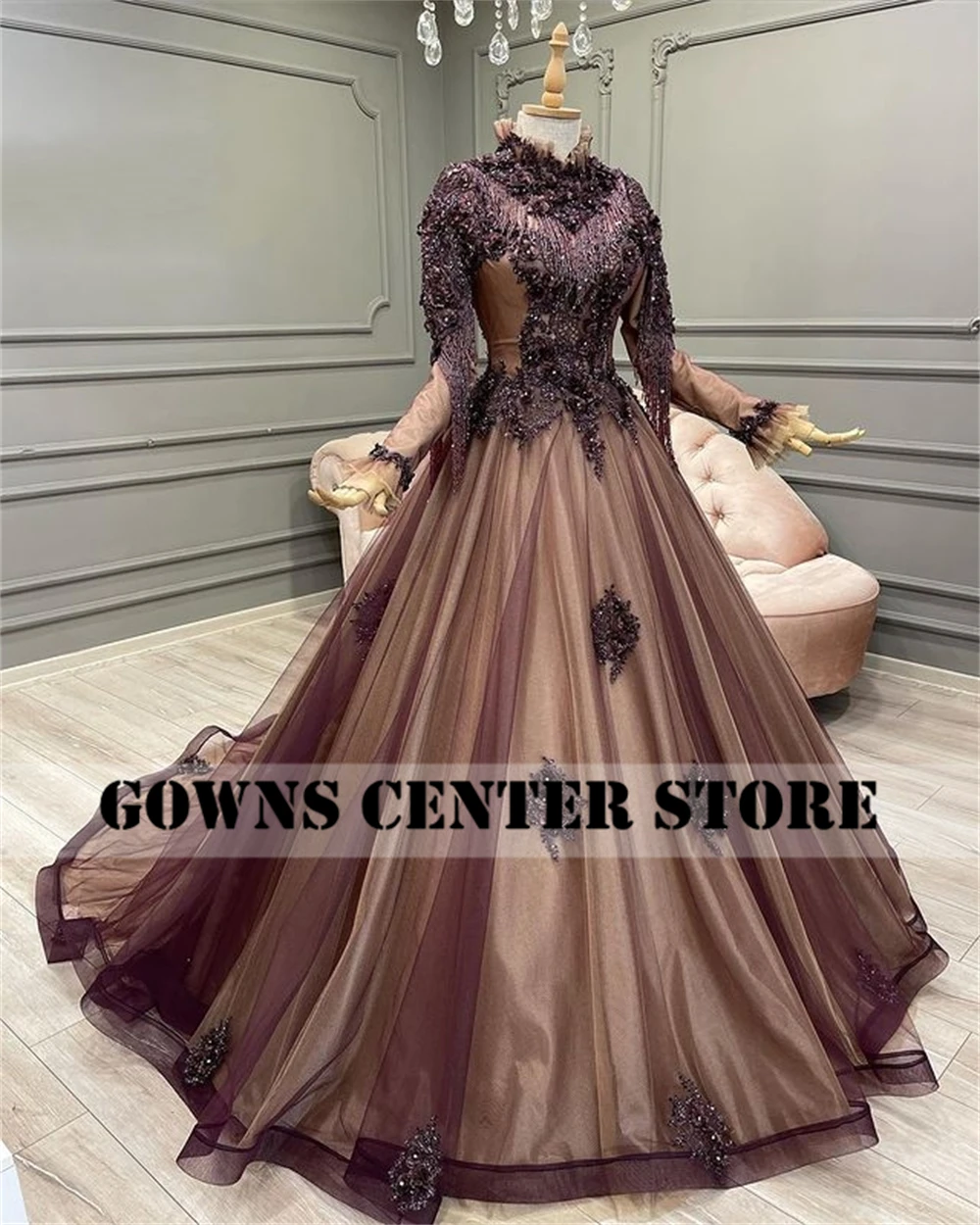 plus size ball gowns Luxury Dubai Muslim Evening Dress Long Sleeves Turkey Beaded Party Dresses A Line Formal Gown robe de soirée femme green evening dress