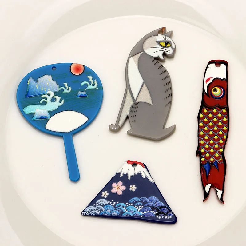 

50PC/lot Acetate Japan Doodle cat fuji mountain Jewelry Accessories Hand Made Earrings Connectors DIY Pendant Components Charms