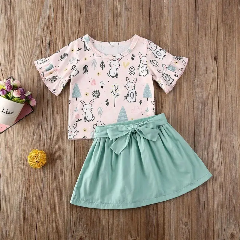 

US Easter Toddler Baby Girl Ruffle Bunny T-shirt Top Skirts Dress Outfit Clothes