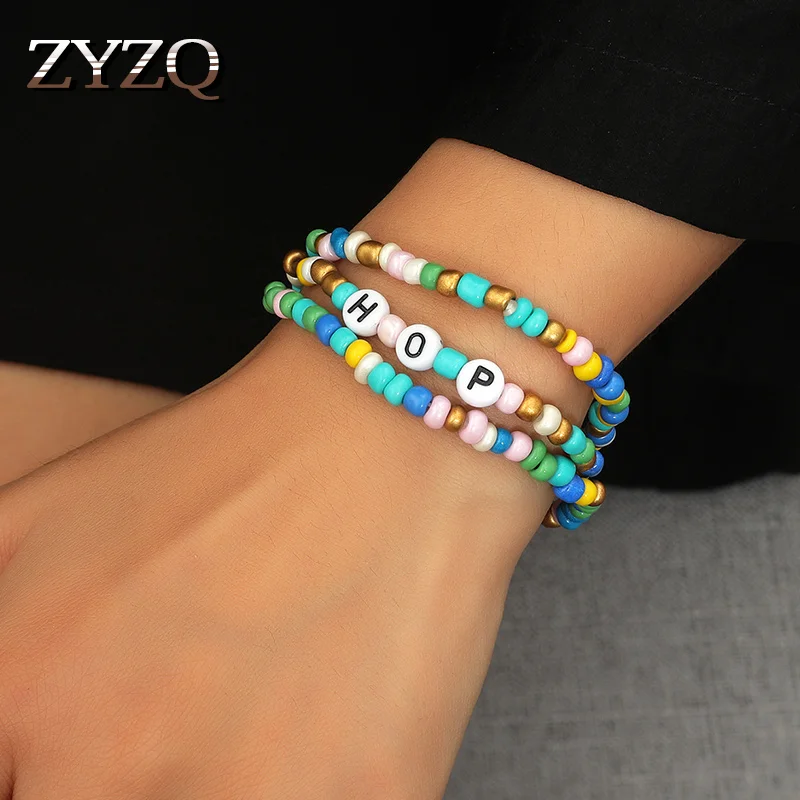 ZYZQ New Bohemian Color Rice Bead Letter Bracelet For Women Retro Ethnic Beaded Three-piece Set Gift Jewelry | Украшения и